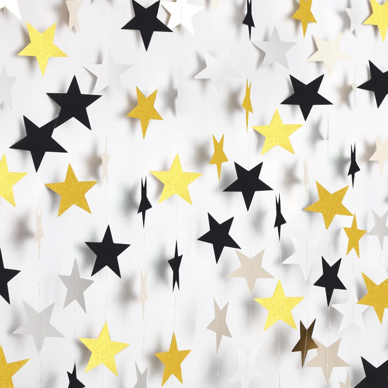 Patelai Glitter Star Garland Banner Decor, 130 Feet Bright Star Hanging Bunting Banner Backdrop for New Year Graduation Wedding Birthday Party Decor(Silver Gold Black)